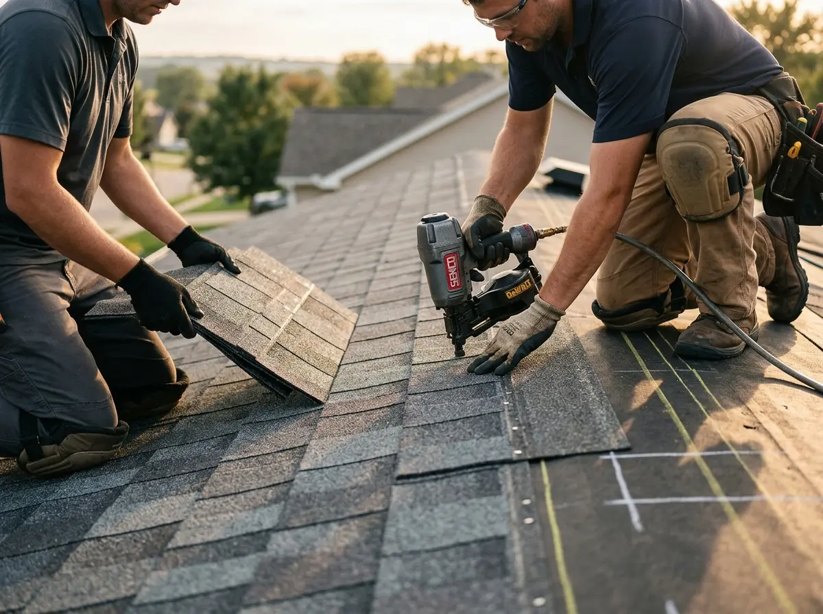 Professional roofer working on a residential roof in Algoma